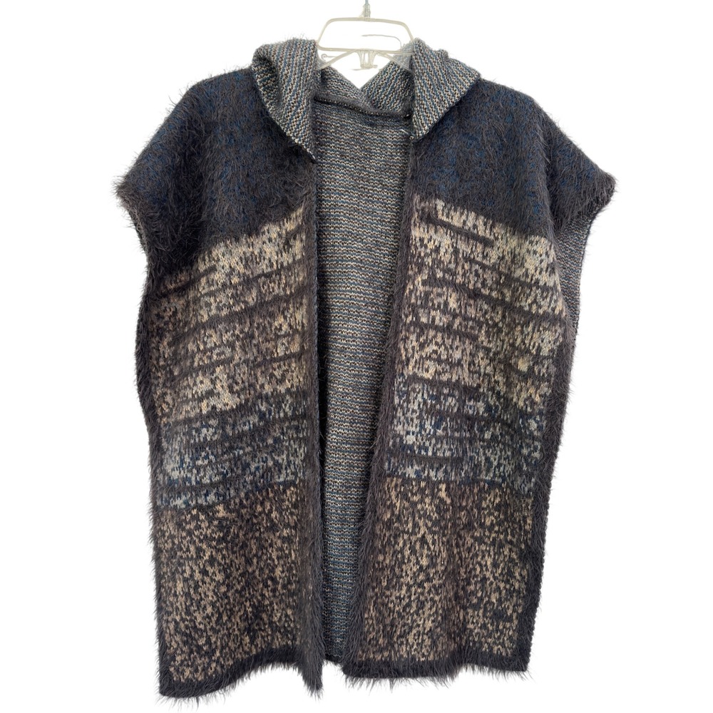 Hooded Poncho Vest Blue Gray Fuzzy Eyelash Knit Jacquard Open Front Boho OS